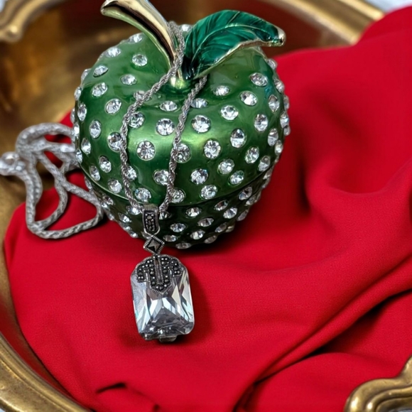 Jewelry - Vintage Glass Pendant W/ Marcasite Accents Necklace W/ Apple Trinket Box